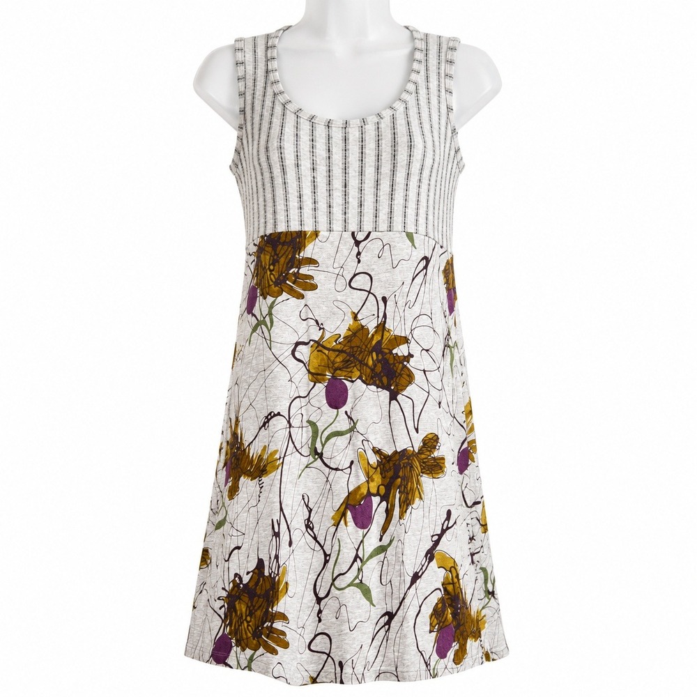 Marni Mini Dress Womens 40 Grey Striped Floral Made in Italy Cotton Artistic Mod